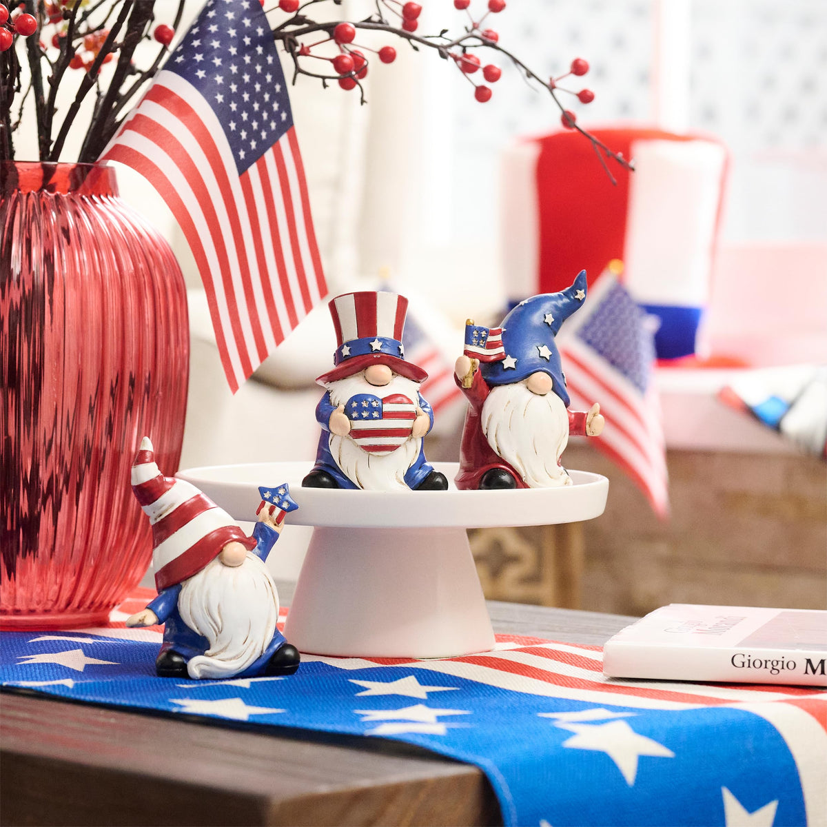 Valery Madelyn trio of gnomes displayed on table or mantel for celebrations.