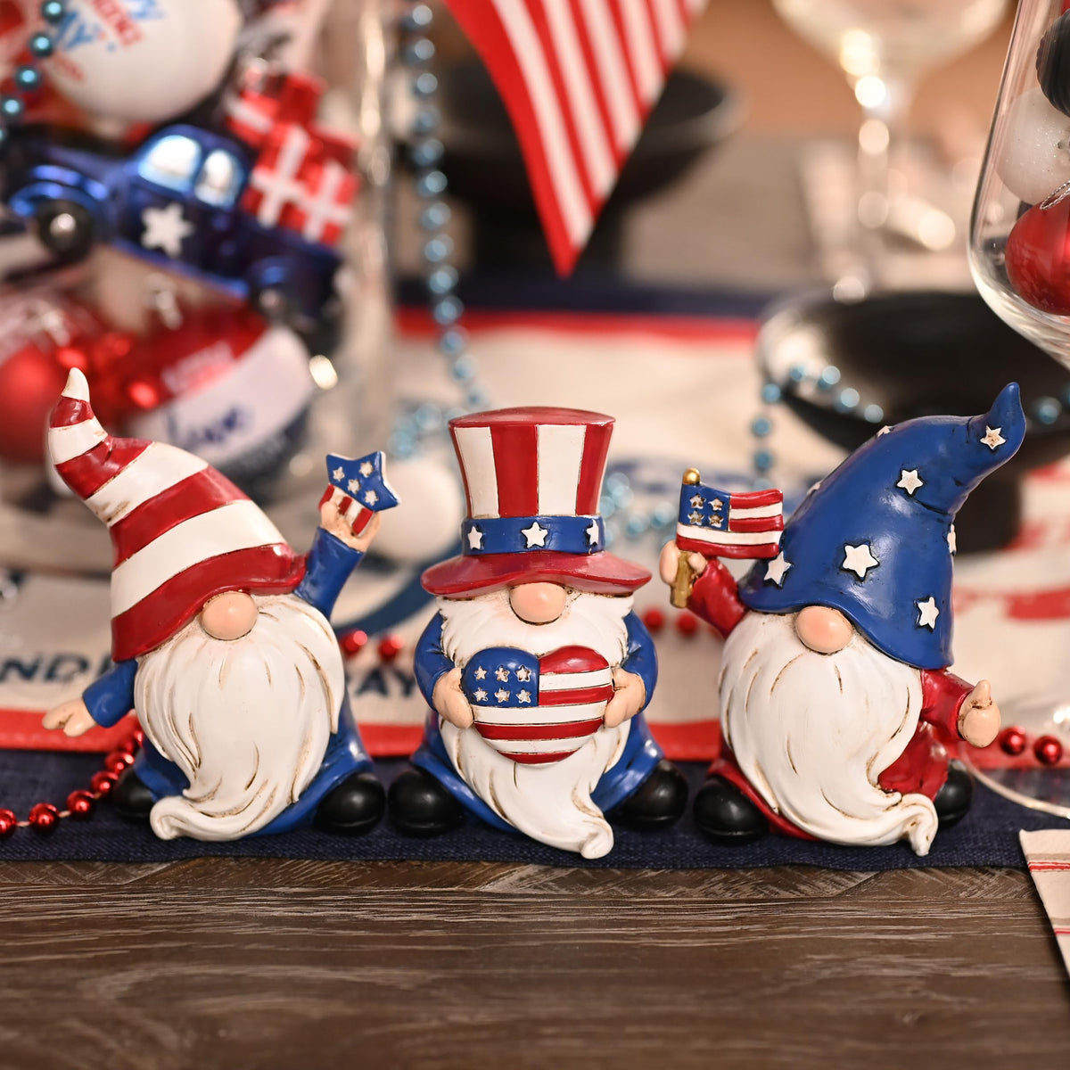 Valery Madelyn gnome holding flag Stars and Stripes, perfect indoor decor.