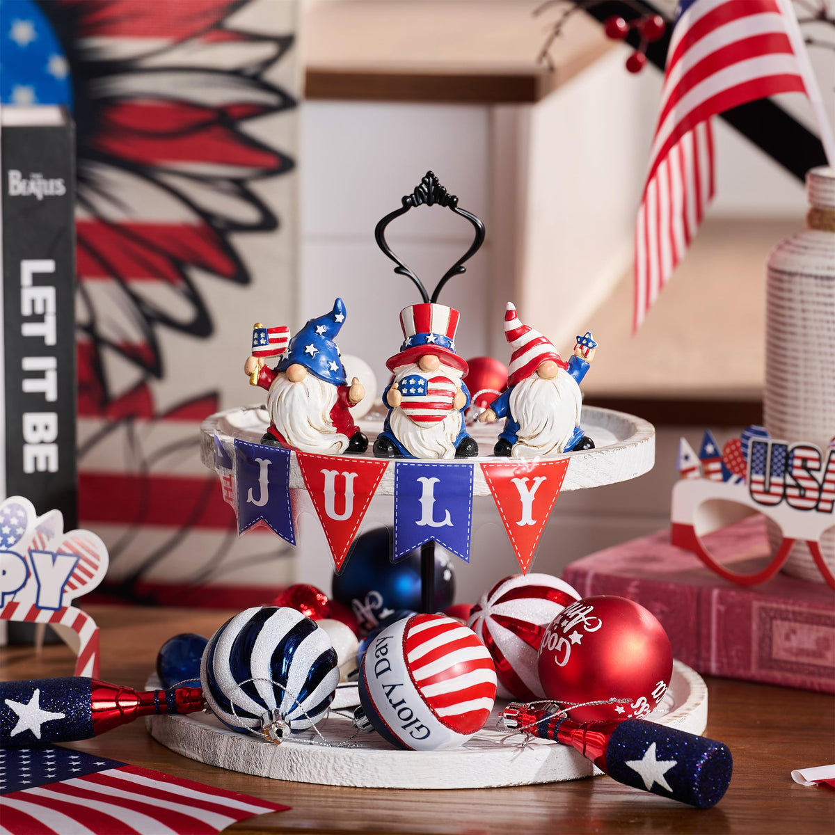 Valery Madelyn gnomes celebrate Independence Day with red, white, and blue hues.