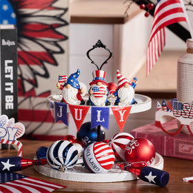 Valery Madelyn gnomes celebrate Independence Day with red, white, and blue hues.