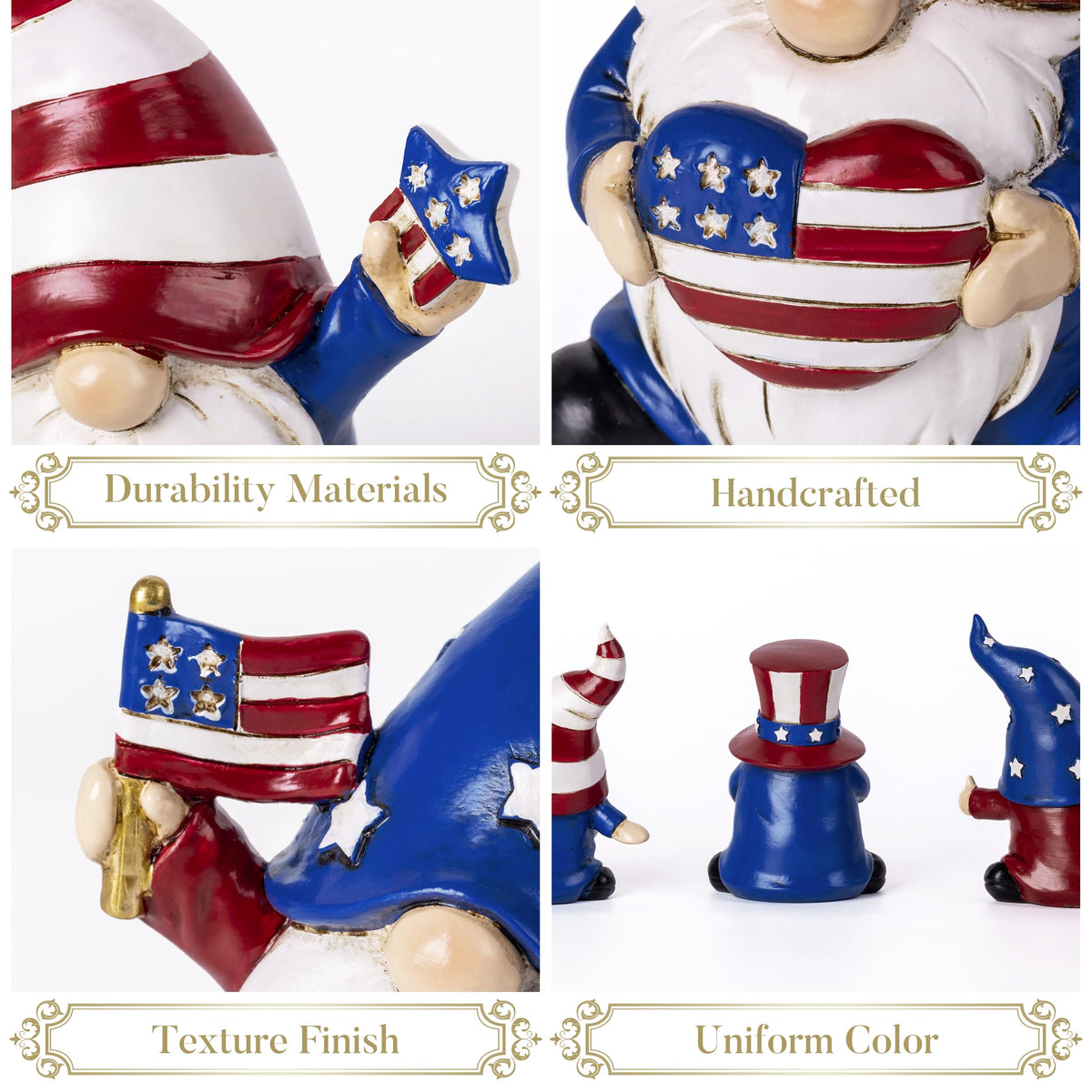 Valery Madelyn gnomes arranged on a table as a patriotic centerpiece.