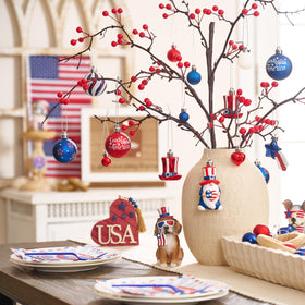 Valery Madelyn red white blue heart ball ornaments for festive displays.