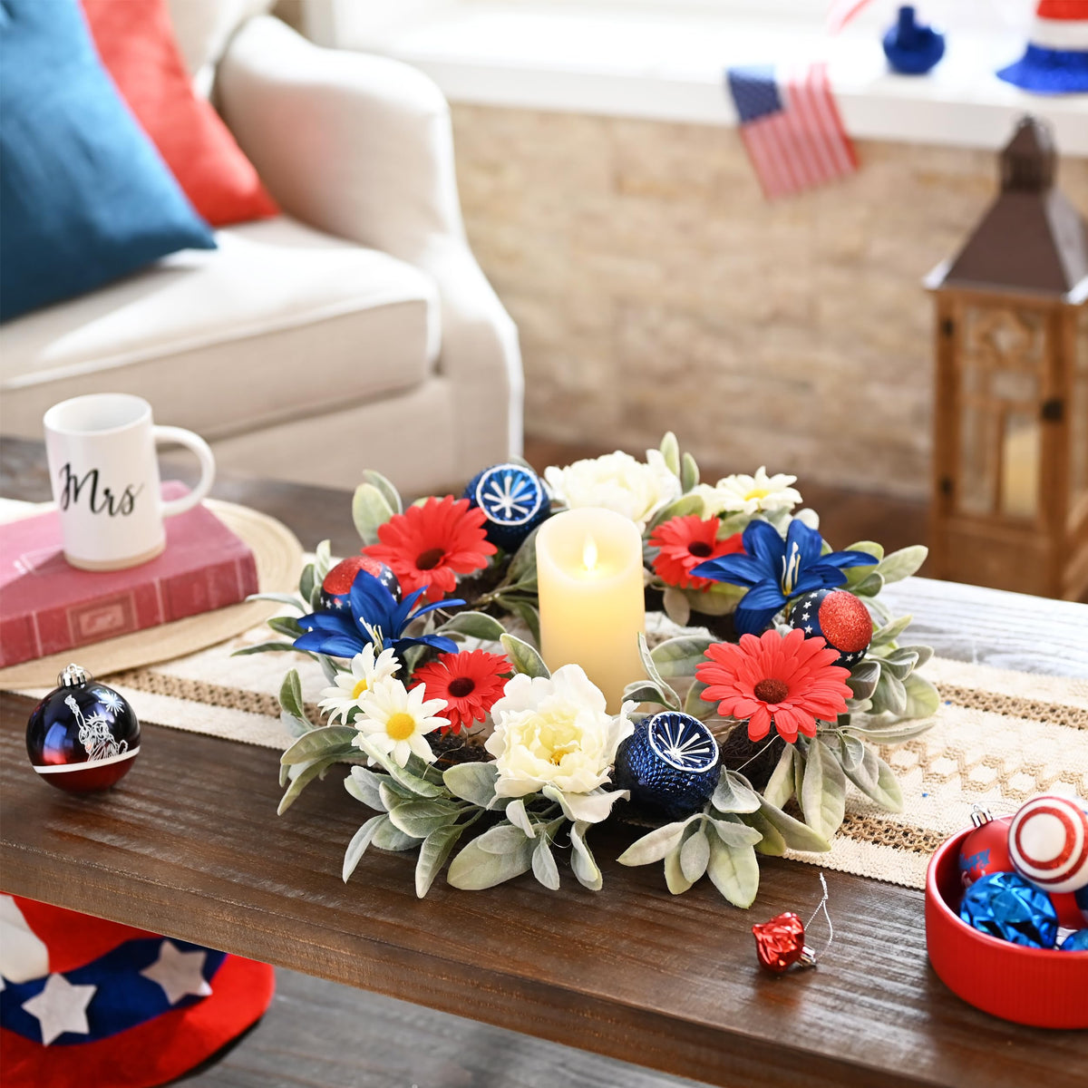 Valery Madelyn table or entryway wreath creates welcoming holiday ambiance.