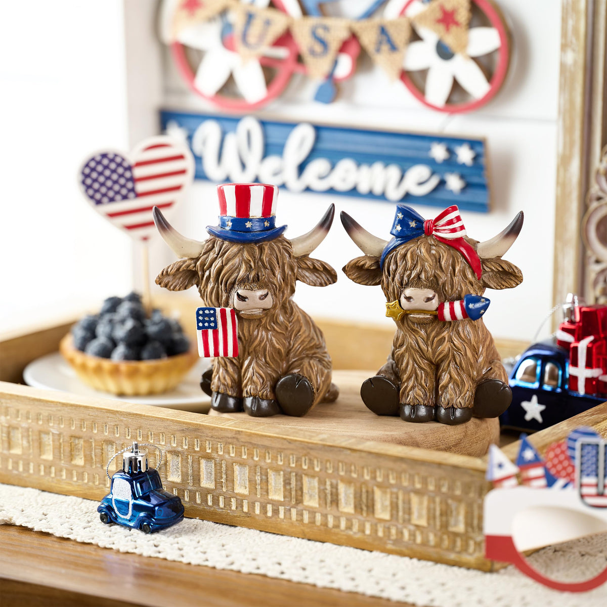 Valery Madelyn two-piece patriotic Highland cow set ideal for tiered trays.