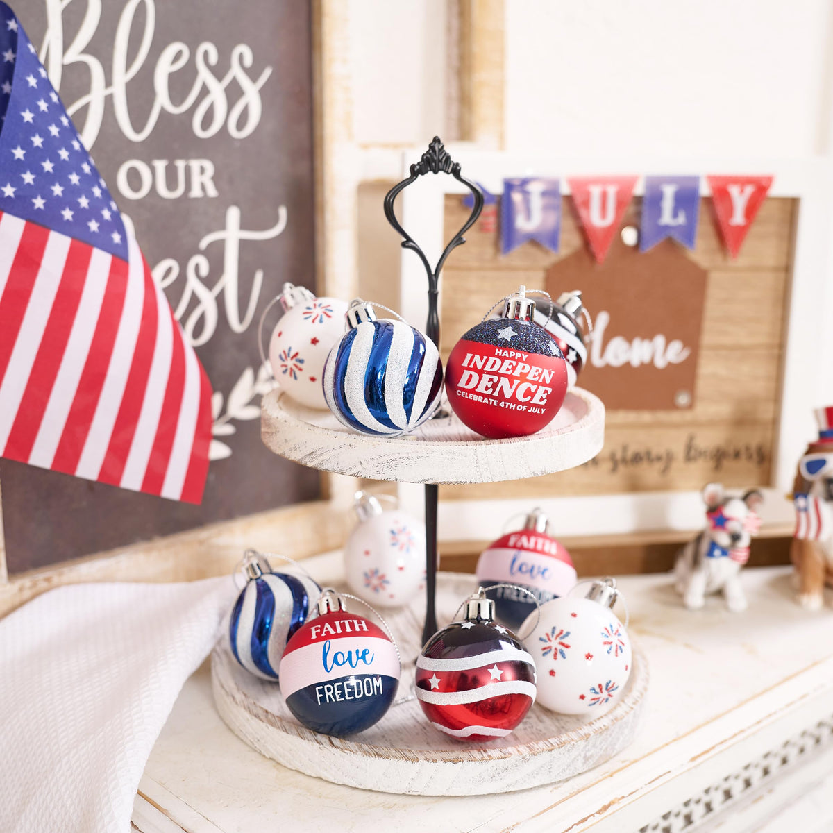 Valery Madelyn US flag-pattern ornament for festive decor.