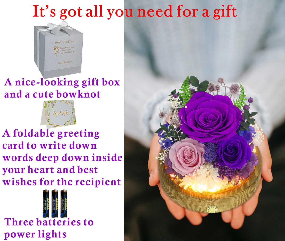 Lighted flowers in a Valley of Rain and Forest gift box creating warm ambience