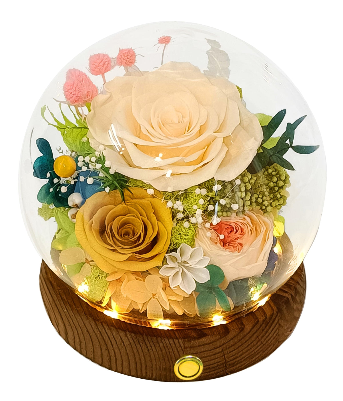Valley of Rain and Forest champagne yellow roses arrangement on display, long-lasting beauty.