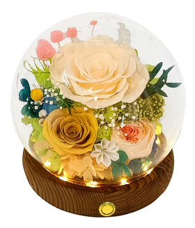 Valley of Rain and Forest champagne yellow roses arrangement on display, long-lasting beauty.