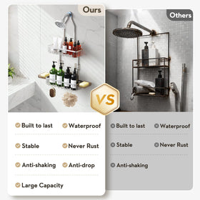 VALORDINE two-tier baskets keep shampoo and body wash neatly stored.