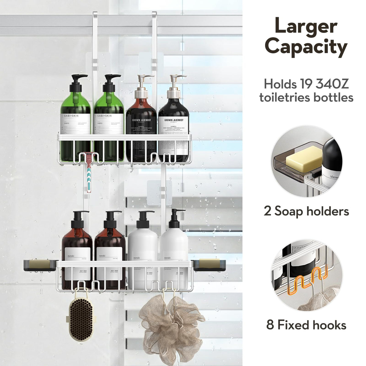 VALORDINE dual-tier shower shelf with space for large bottles