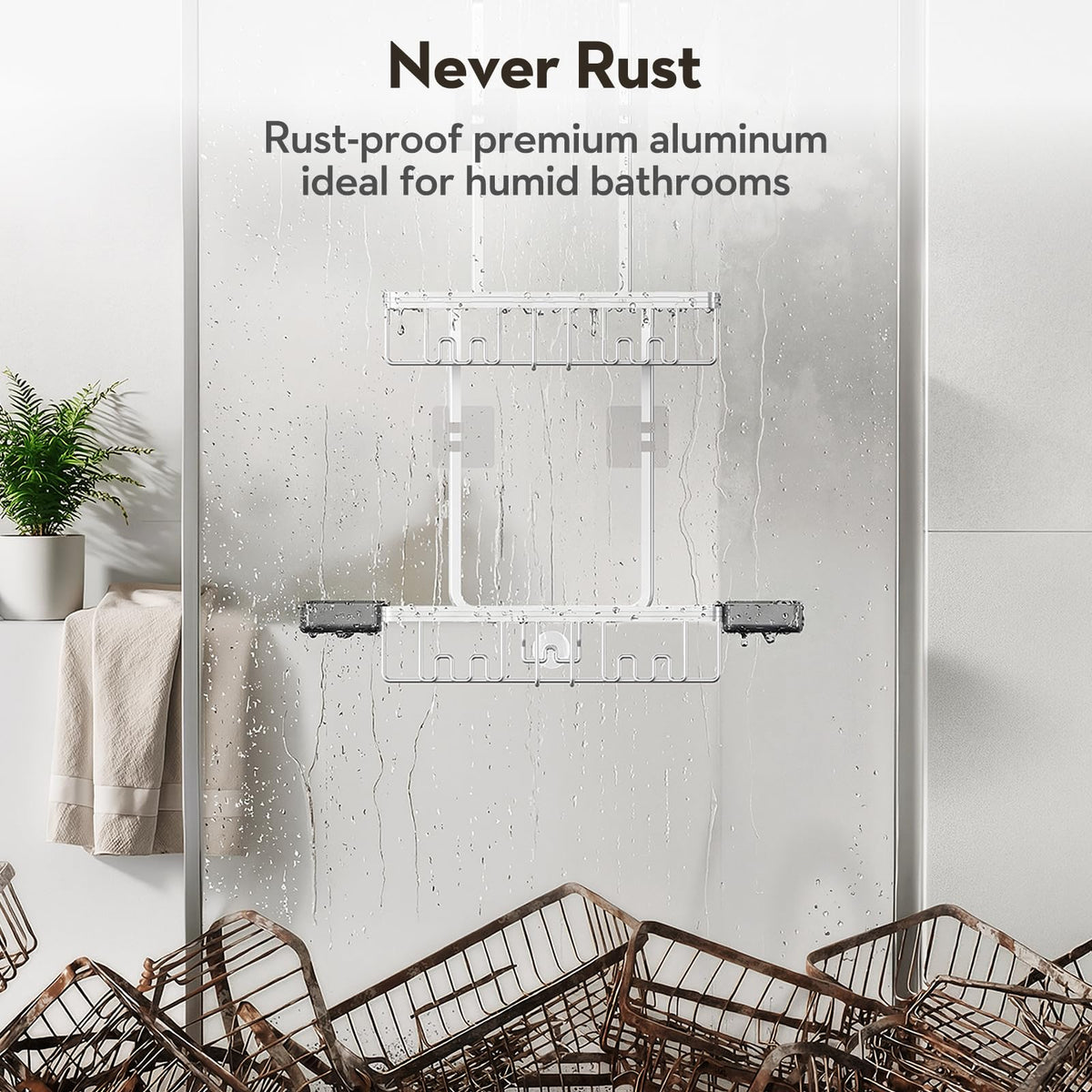 VALORDINE four-hooks bathroom organizer provides space for loofahs, razors, and washcloths