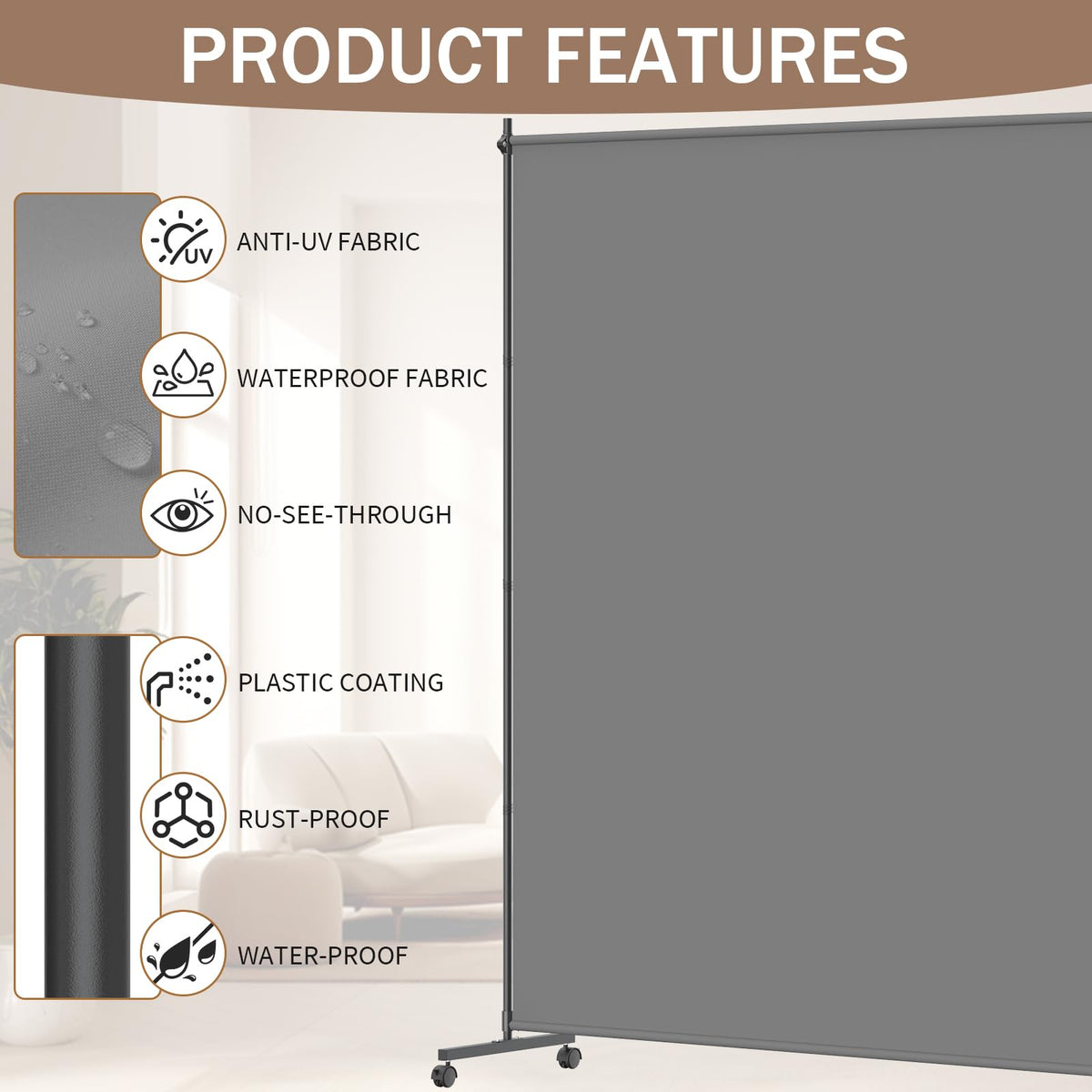 VAMFUTRE gray room divider side view showing sturdy frame for daily use