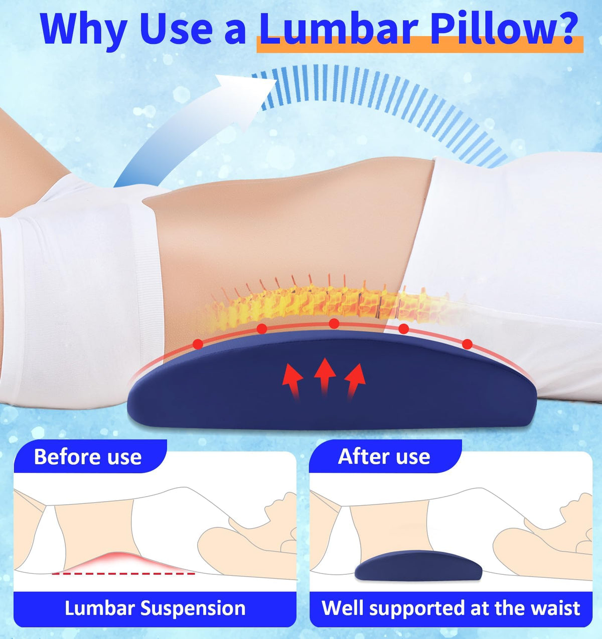 Vamorry back pillow shown under knees for elevation and comfort