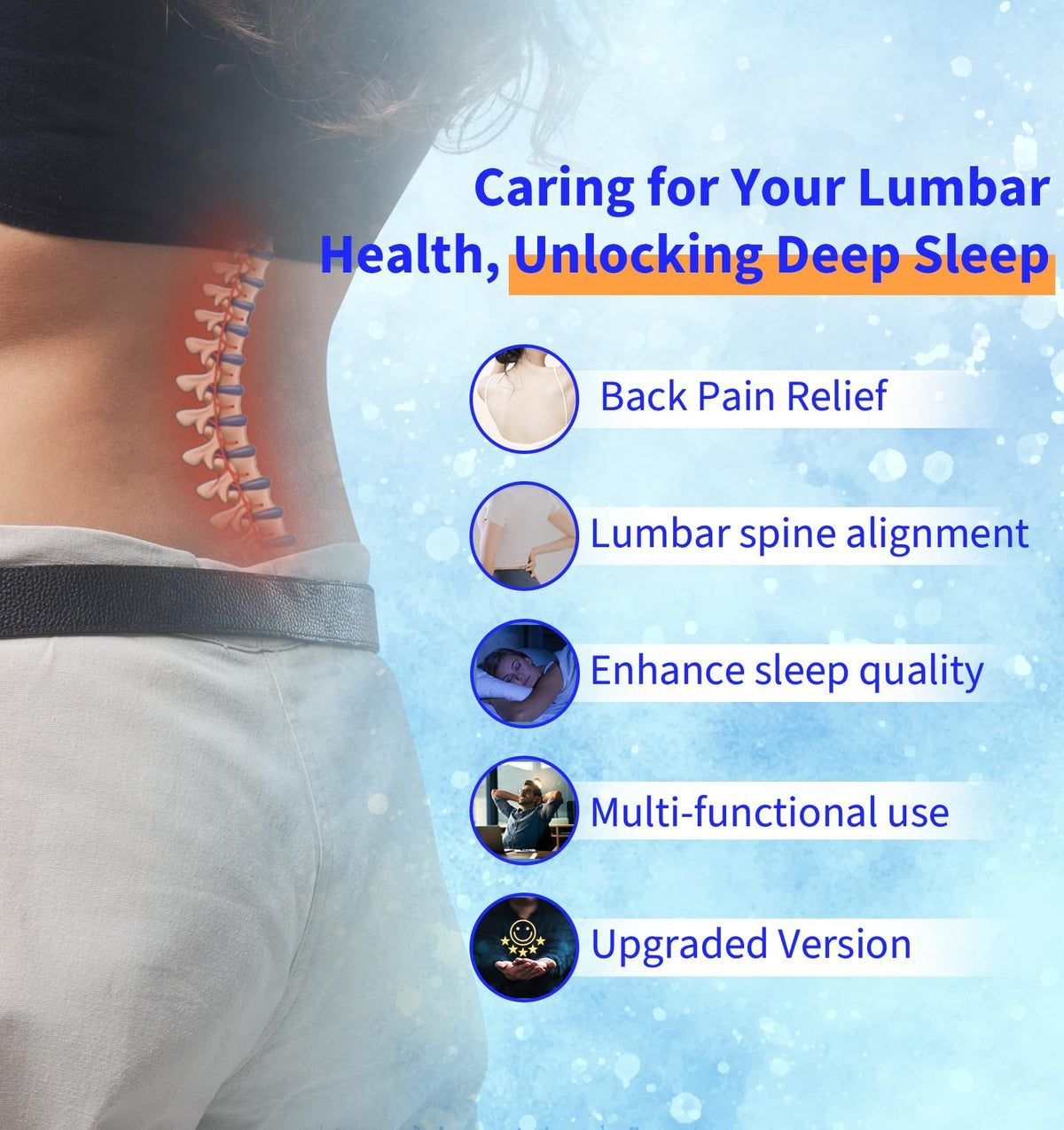 Vamorry lumbar pillow in bed demonstrating full-body support and comfort