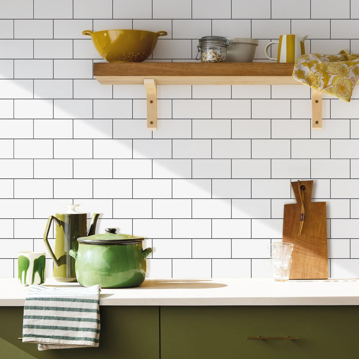 Vamos Tile dark gray grout close-up creates modern contrast with glossy white.