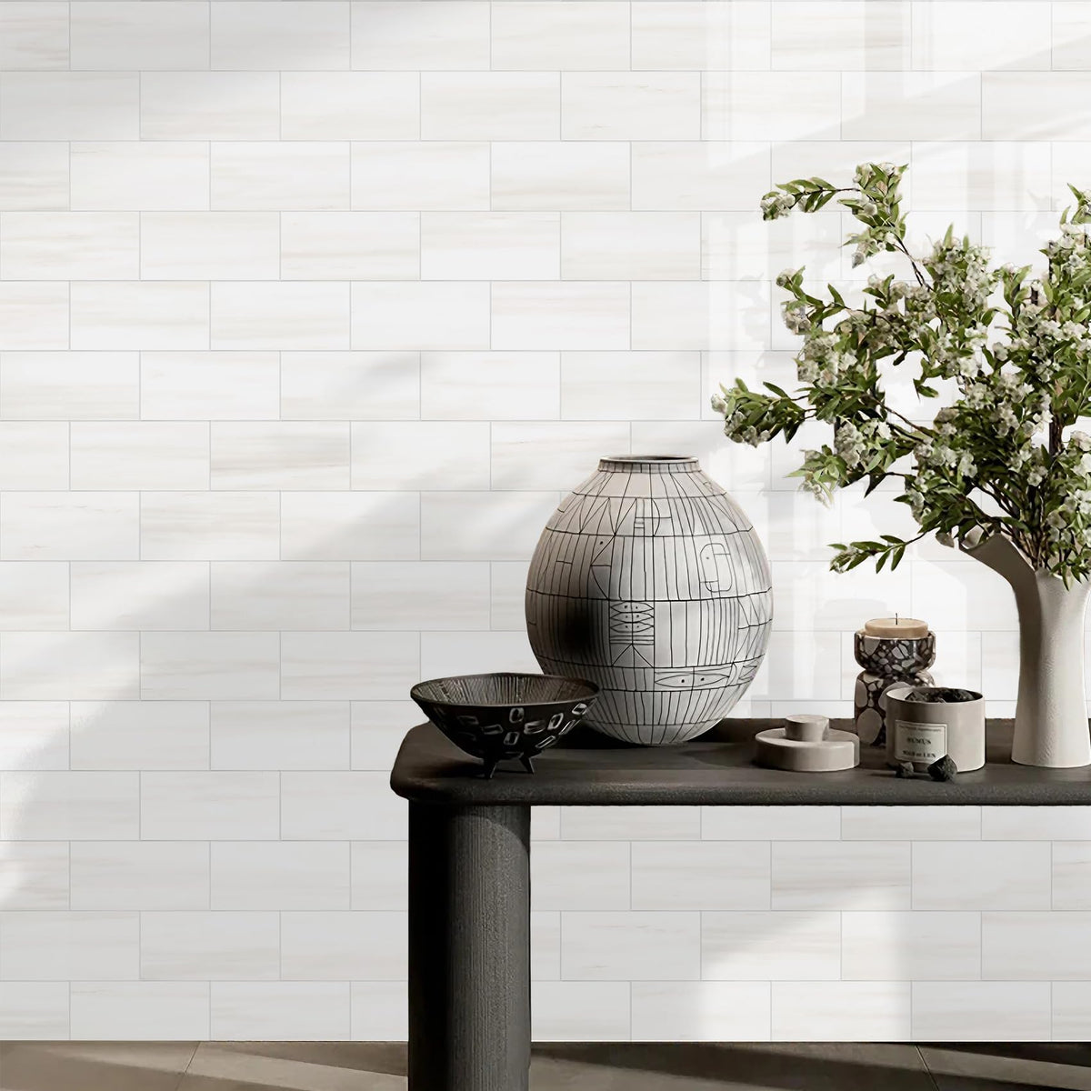 Vamos Tile versatile use around fireplace and bathroom applications.