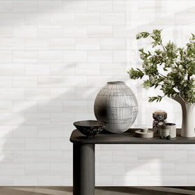 Vamos Tile versatile use around fireplace and bathroom applications.