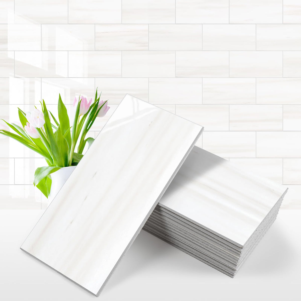 Vamos Tile glossy dolomite white 3x6 backsplash closeup shows a durable, high-shine surface.