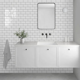 Vamos Tile kitchen setup shows a bright, stylish backsplash option.