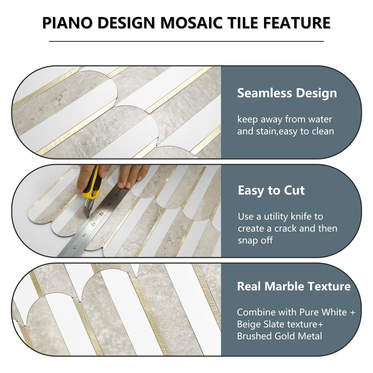 Vamos Tile white beige slate fish scale mosaic adds texture without grout.