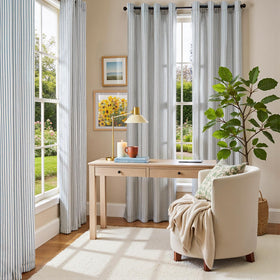 Vangao linen striped curtains blue-2-panel-folded ready for storage and quick redeployment.