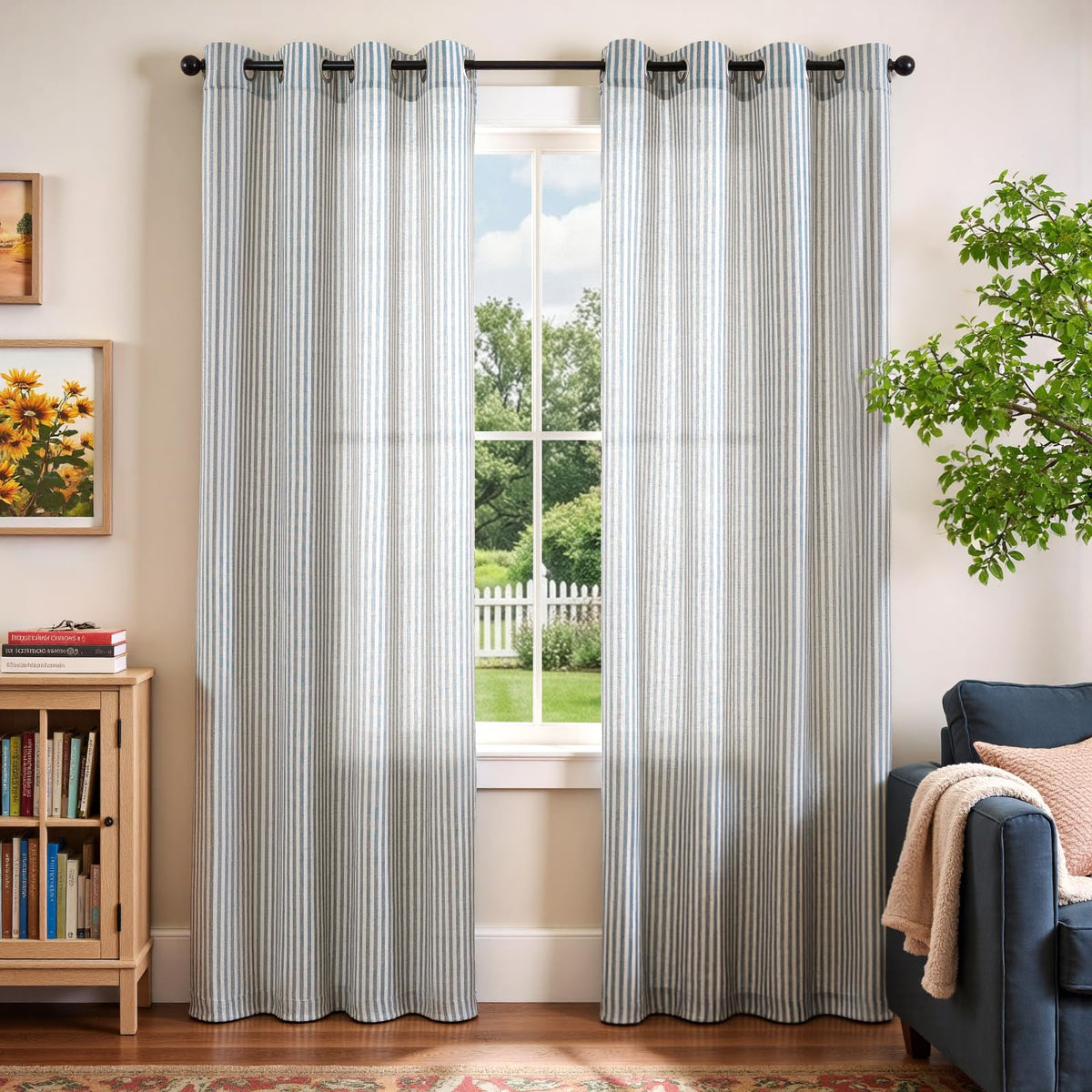 Vangao linen striped curtains blue-bedroom setup offer cozy privacy and gentle daylight diffusion.