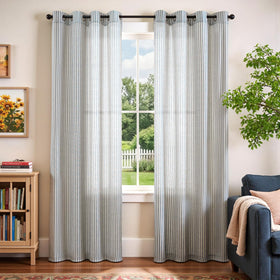 Vangao linen striped curtains blue-bedroom setup offer cozy privacy and gentle daylight diffusion.