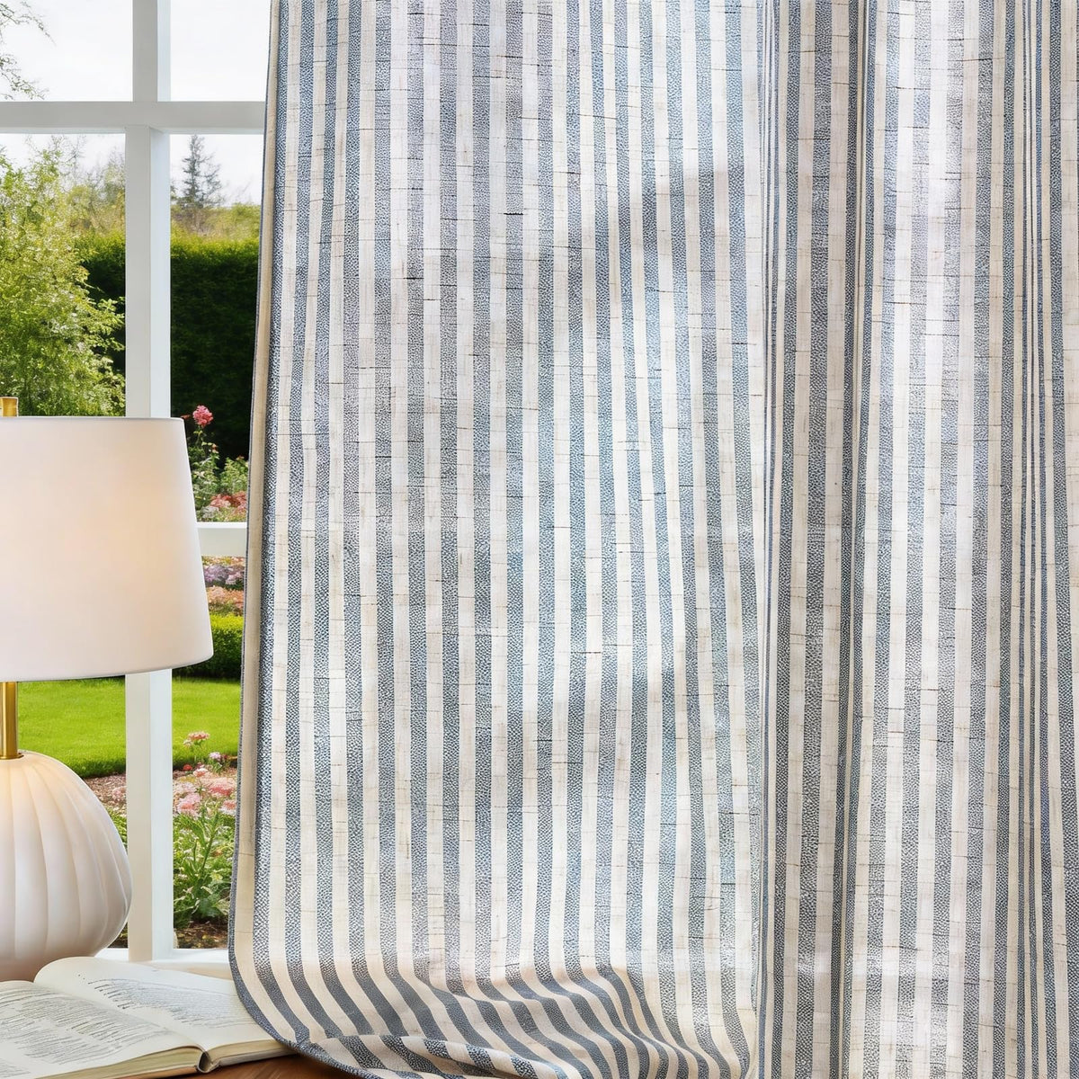 Vangao linen striped curtains blue-grommet-top install easily with smooth sliding.
