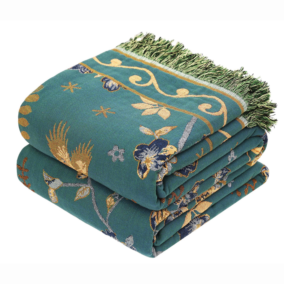 VANJOROY boho throw blanket in teal and beige, 50x60, ideal for bed or sofa