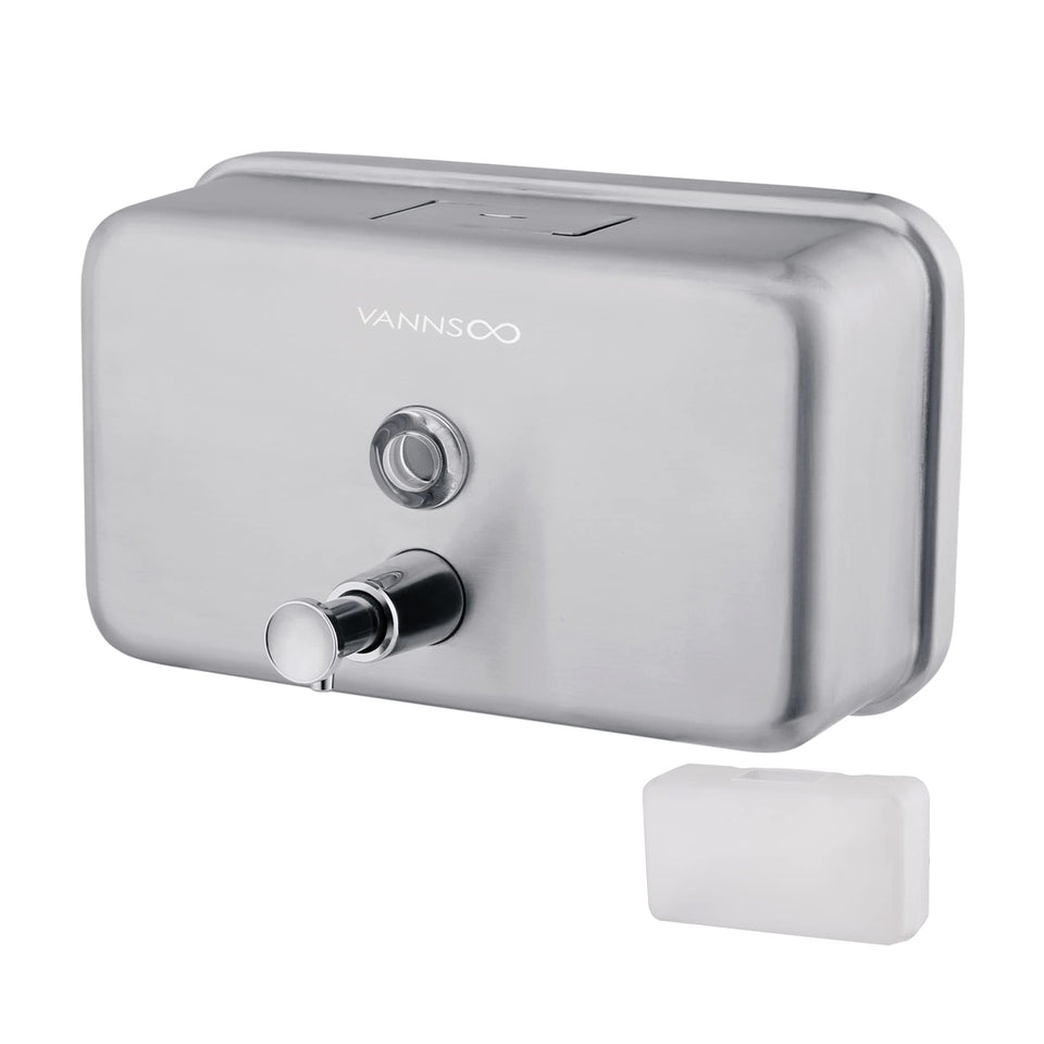 VANNSOO commercial wall-mount dispenser close-up; sleek stainless steel finish for hygienic spaces.