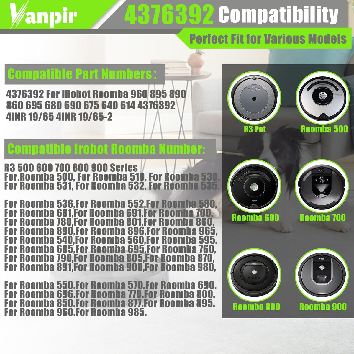 Vanpir 3300mAh Li-ion battery close-up highlighting high capacity.