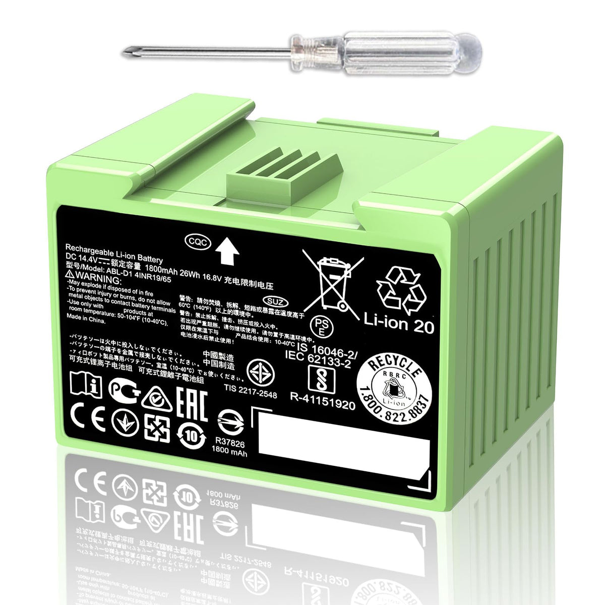 VANPIR ABL-D1 battery front view for Roomba showing compact design and extended runtime