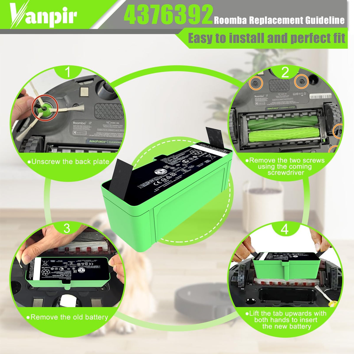 Vanpir battery ready for quick Roomba replacement on docking station.