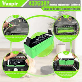 Vanpir battery ready for quick Roomba replacement on docking station.
