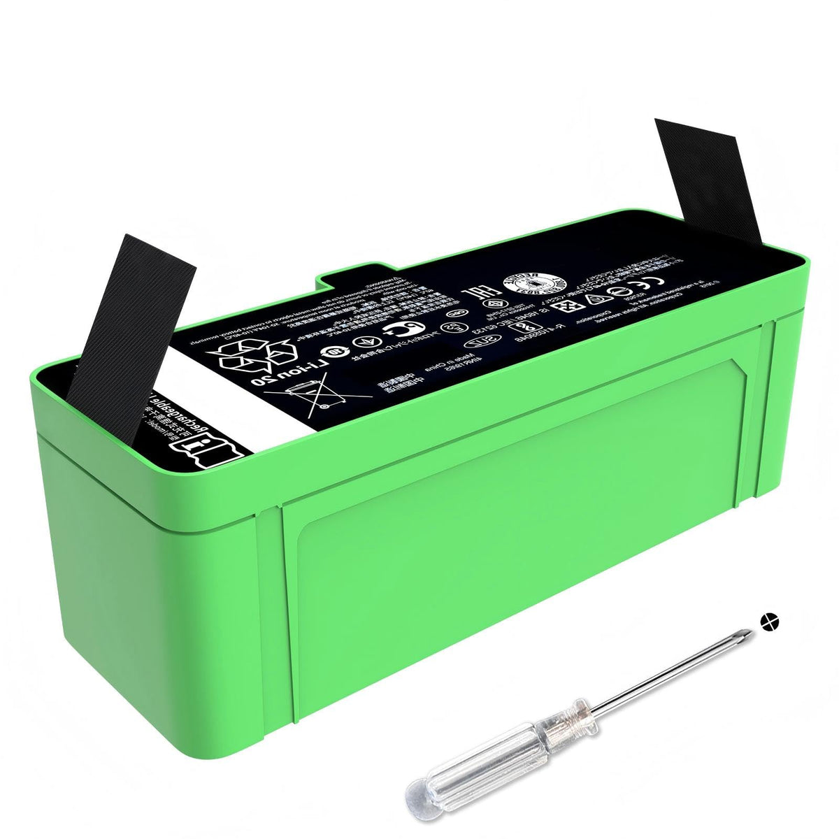 Vanpir replacement battery for Roomba 900-800-700 series, shown with compatible models.
