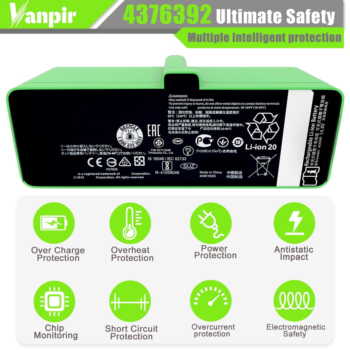 Vanpir safety-certified battery with visible CE/FCC/ROHS label on packaging.