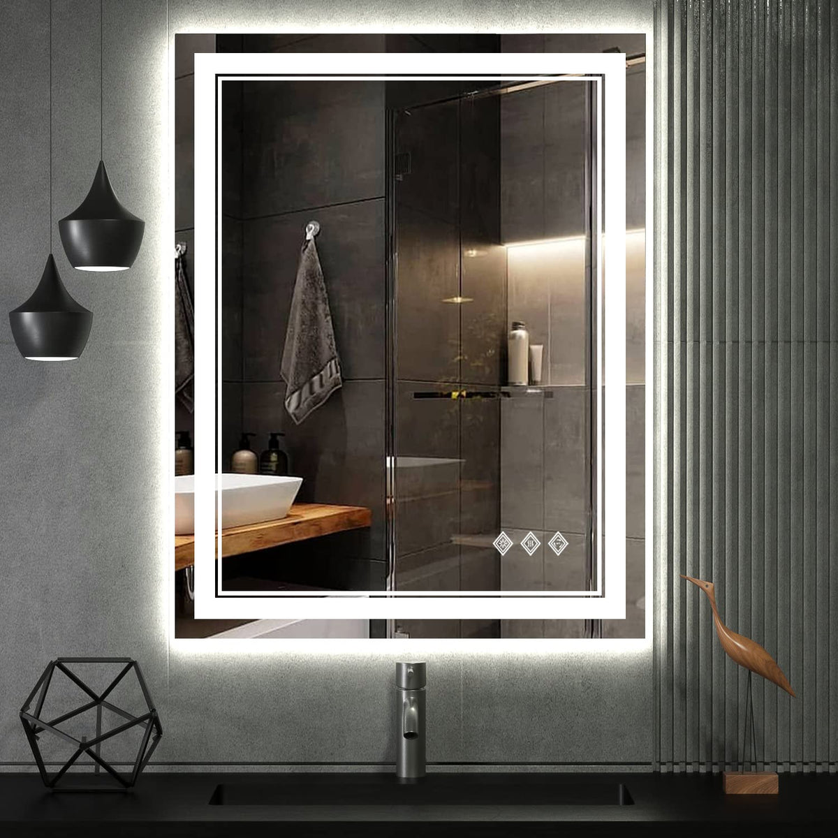 VanPokins gradient front-backlit mirror creates elegant lighting for makeup