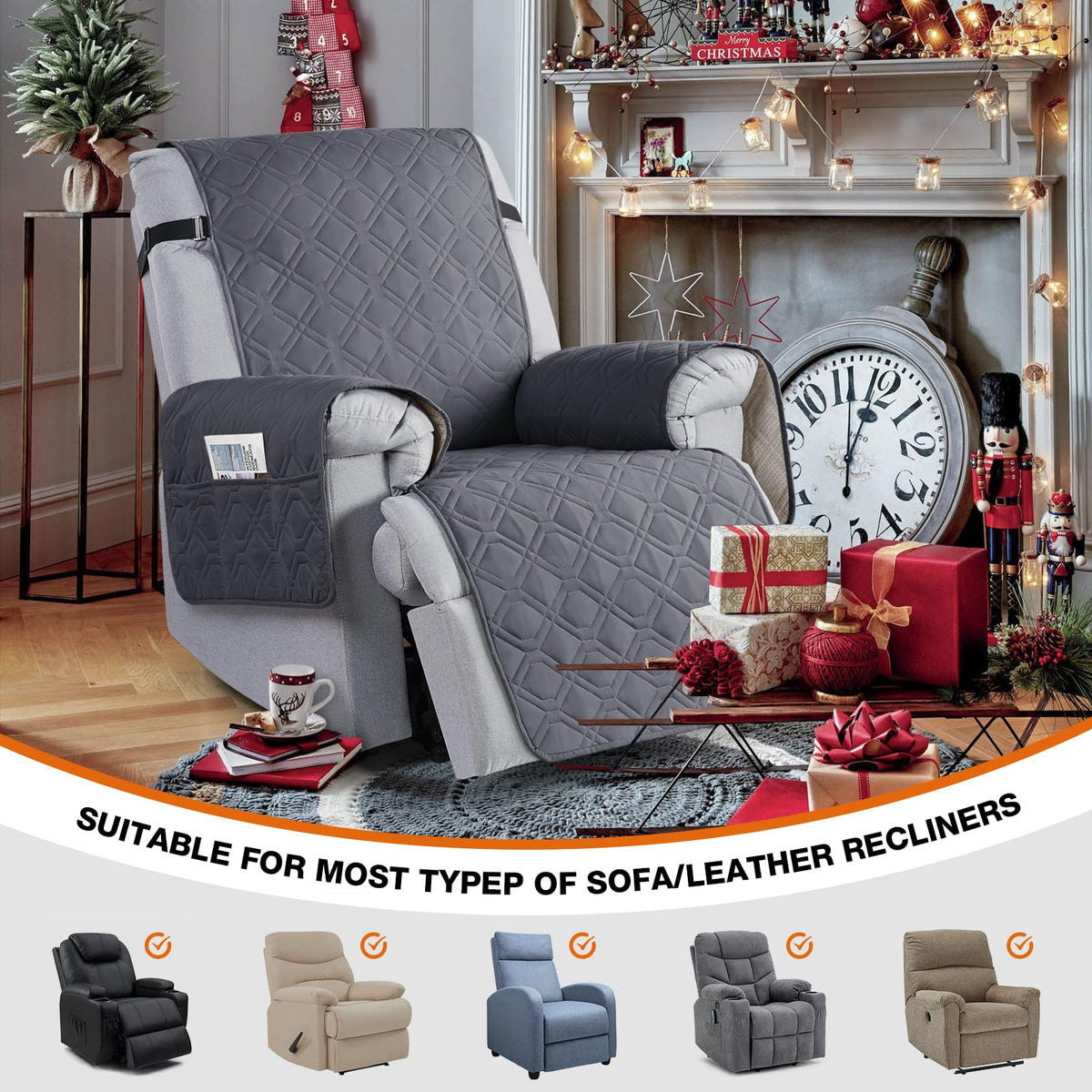 VANSOFY anti-slip recliner cover showing back straps to prevent movement.