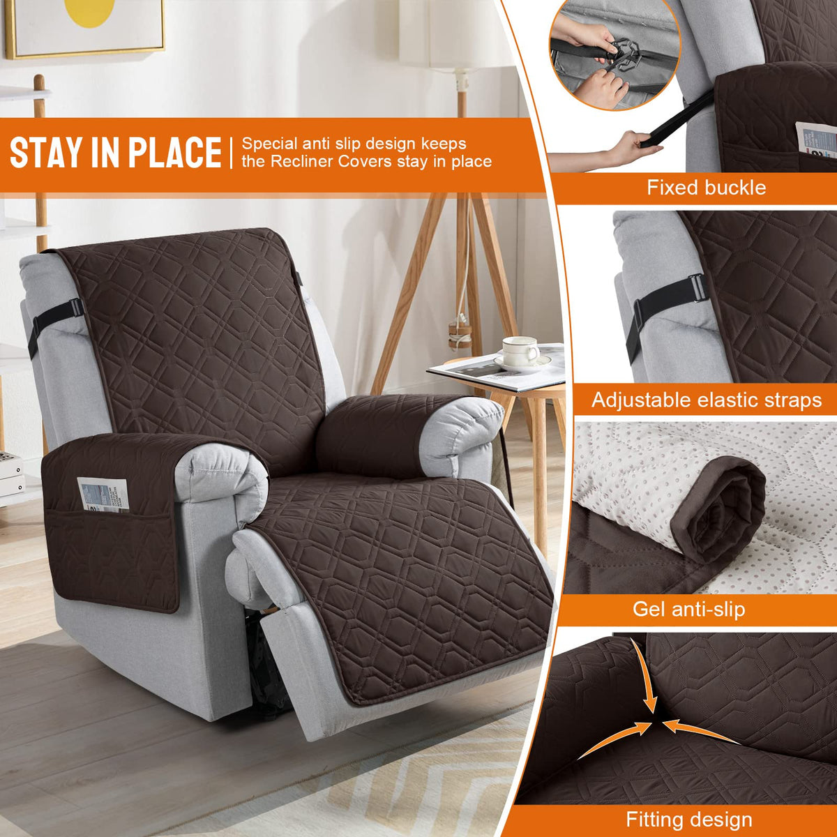VANSOFY anti-slip back strap recliner cover shows secure fit on chair