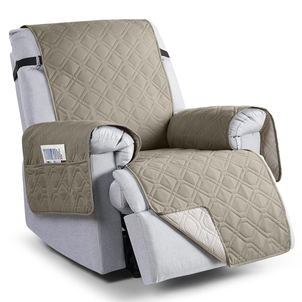 VANSOFY khaki recliner cover, front view, showing anti-slip backing