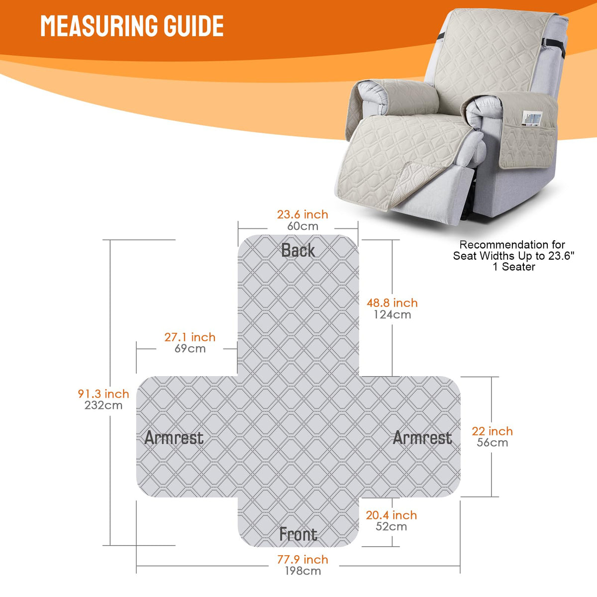 VANSOFY measurement guide image illustrates fit for 23.6-inch chairs