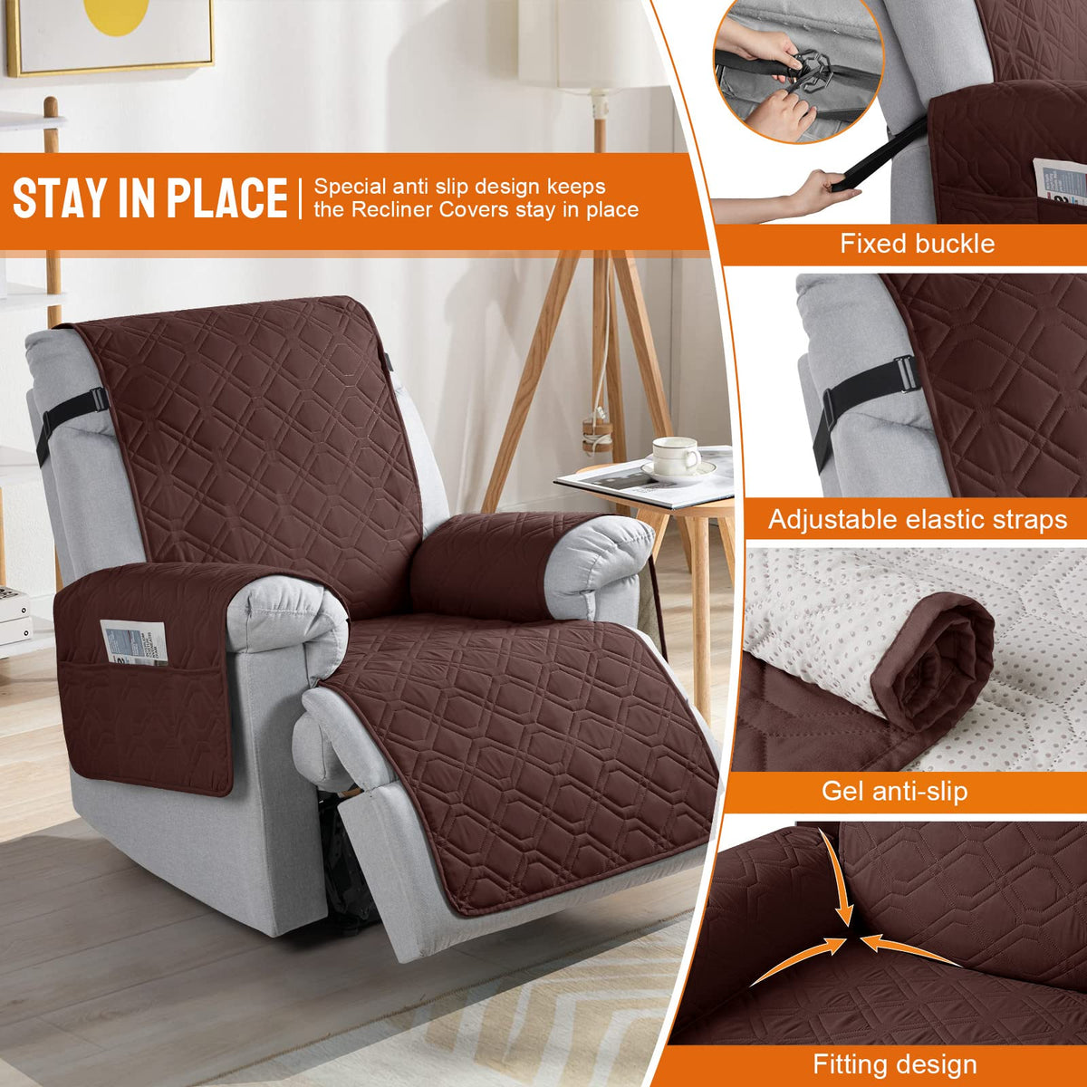 VANSOFY recliner cover pocket storage for remote and phone within reach.