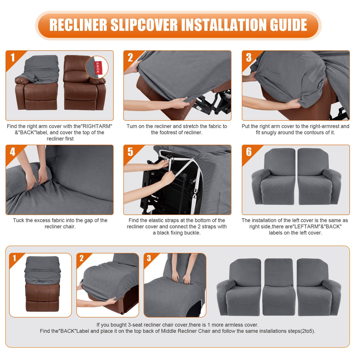 VANSOFY recliner seat-cover in dark gray secures seating area.
