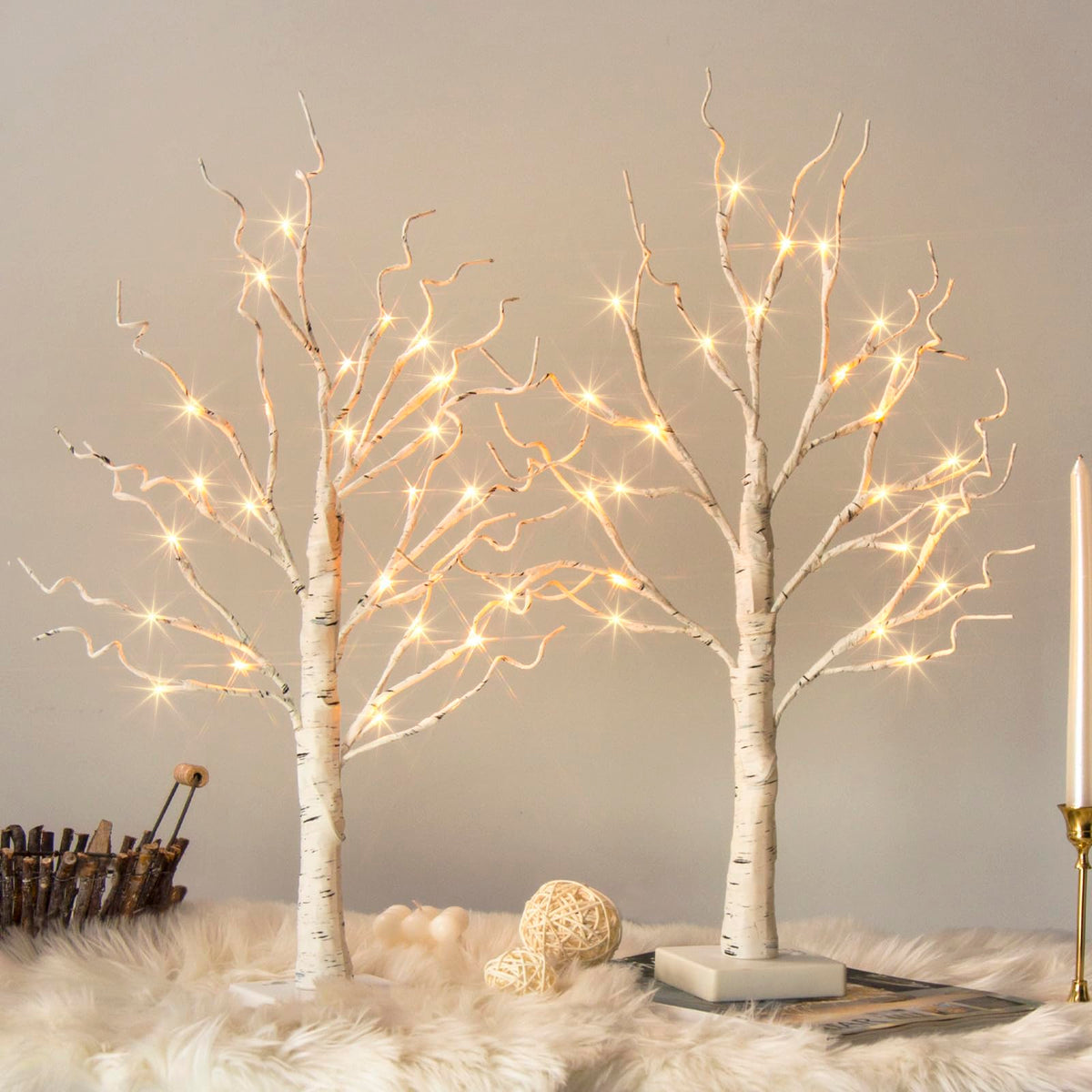 Vanthylit white birch tree with 24 LEDs on a 4x4 base for festive ambiance.