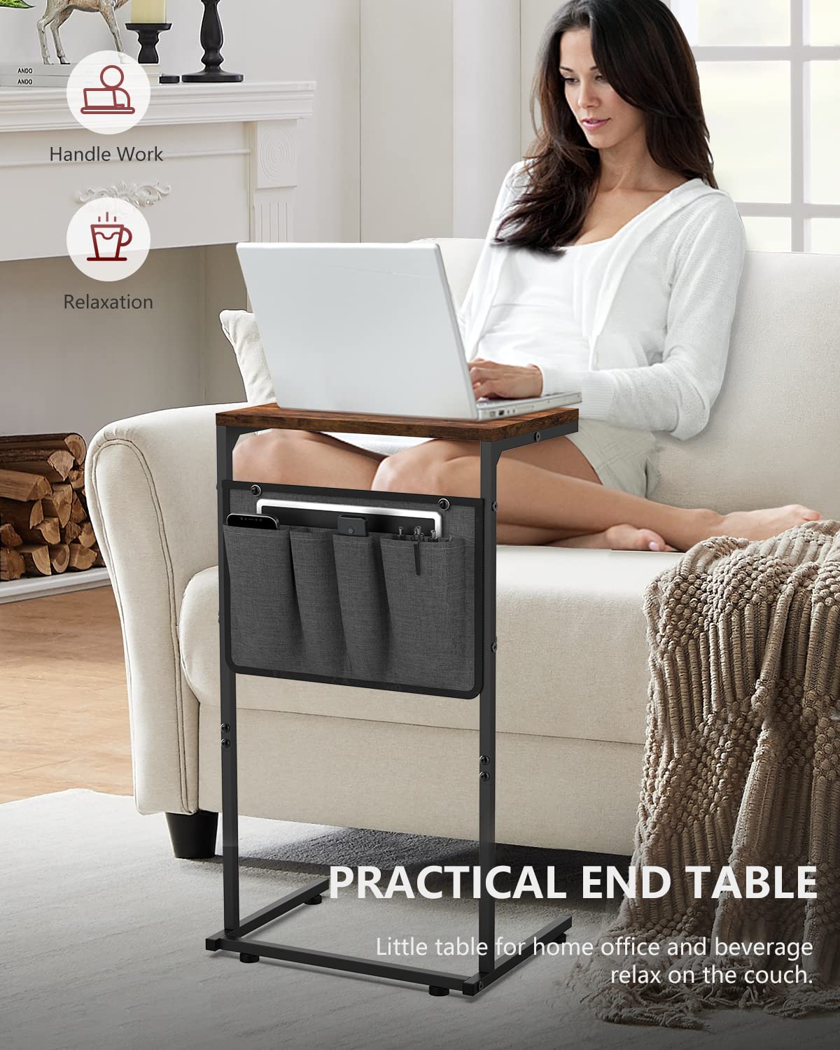 Vantic C-Shaped End Table beside recliner supports laptop use