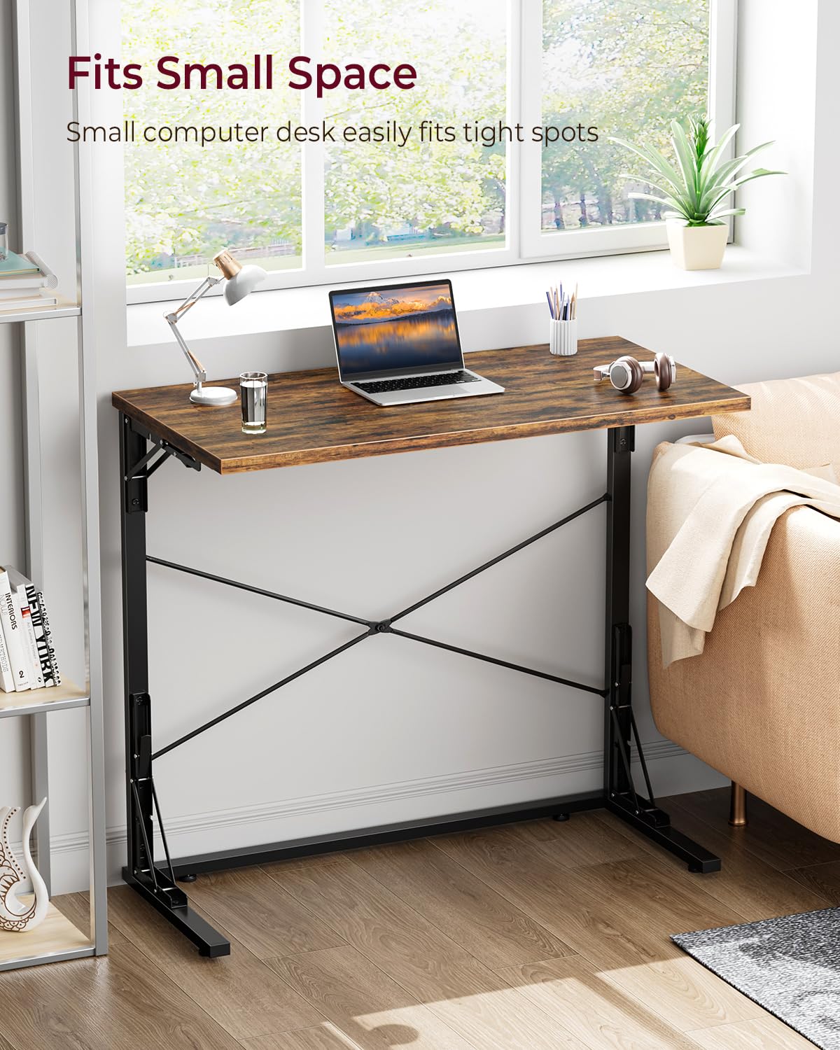 Vantic folding desk side profile highlighting space-saving legs for legroom