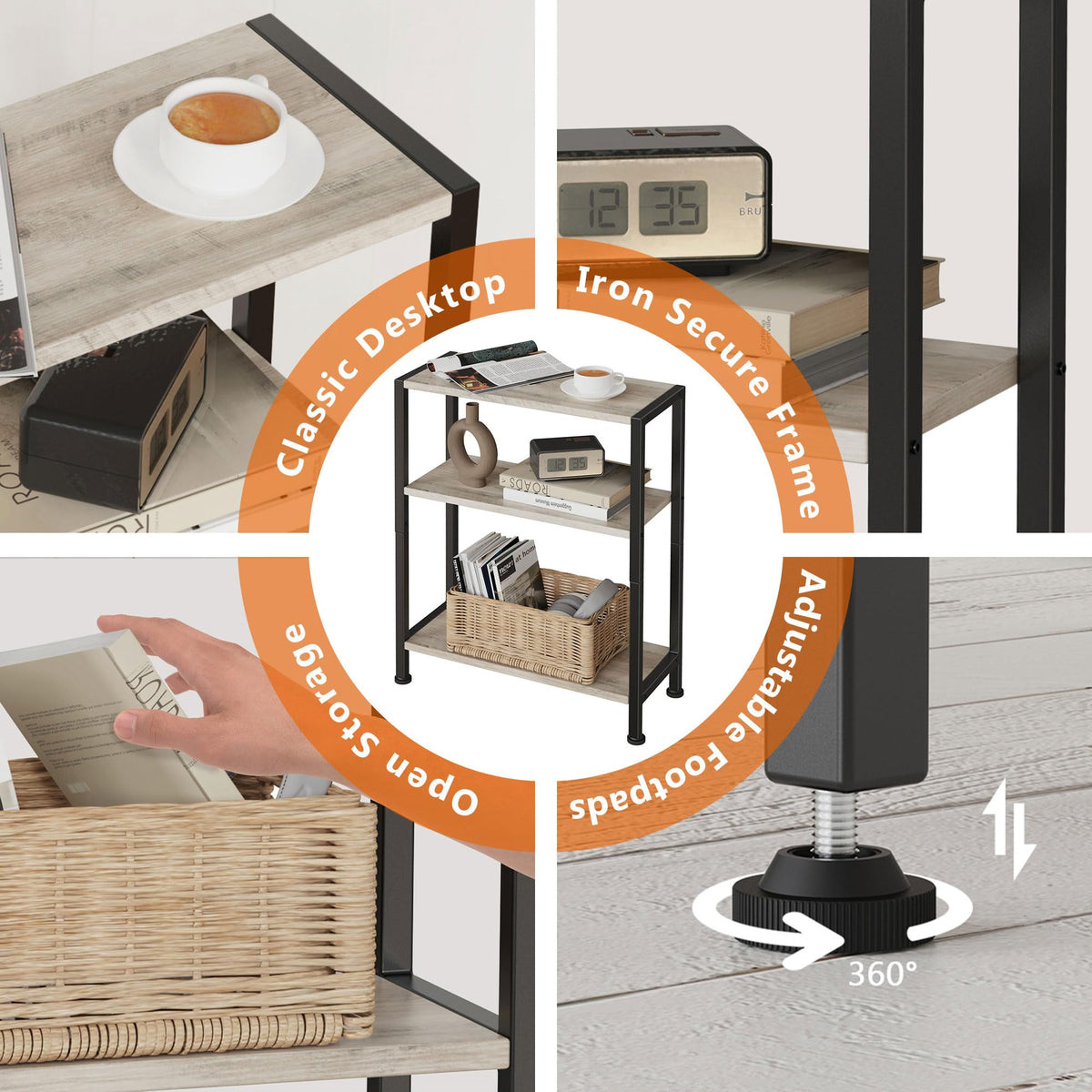 Vantimo 3-Tier Side Table positioned between chairs demonstrates space-saving design.