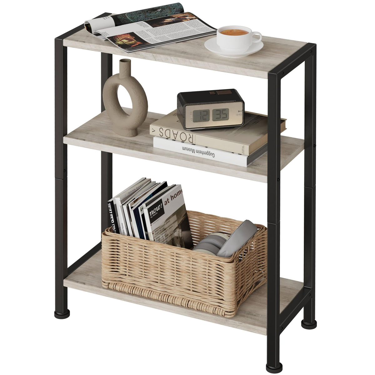 Vantimo 3-Tier Side Table shown in a narrow profile beside a sofa for compact living spaces.
