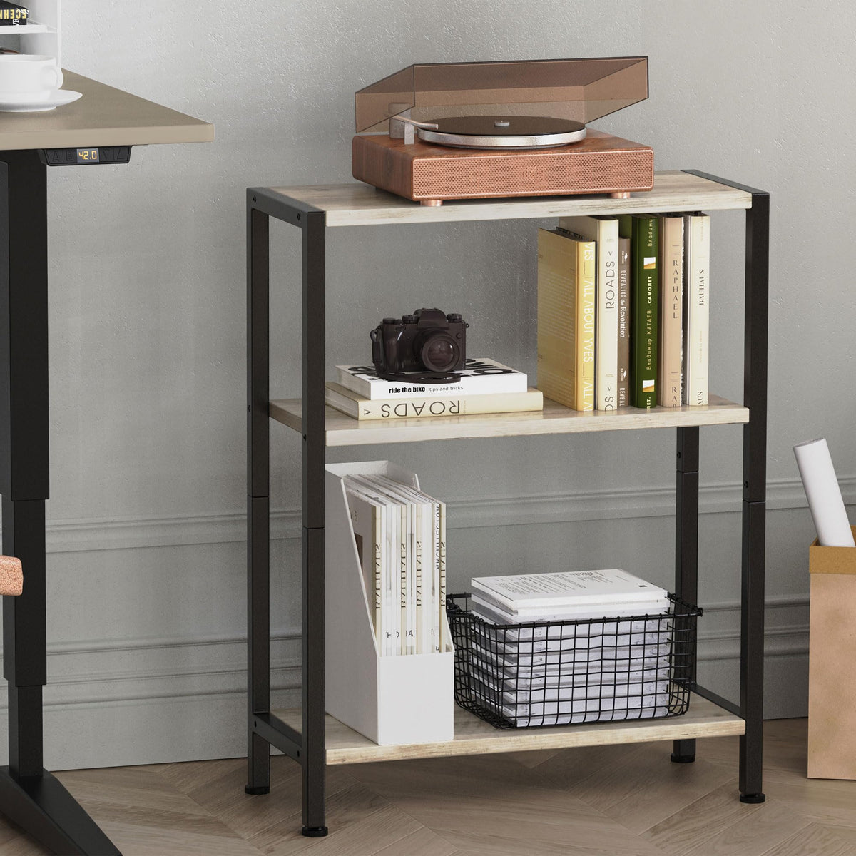 Vantimo 3-Tier Side Table close-up shows particleboard and lacquered iron finish.