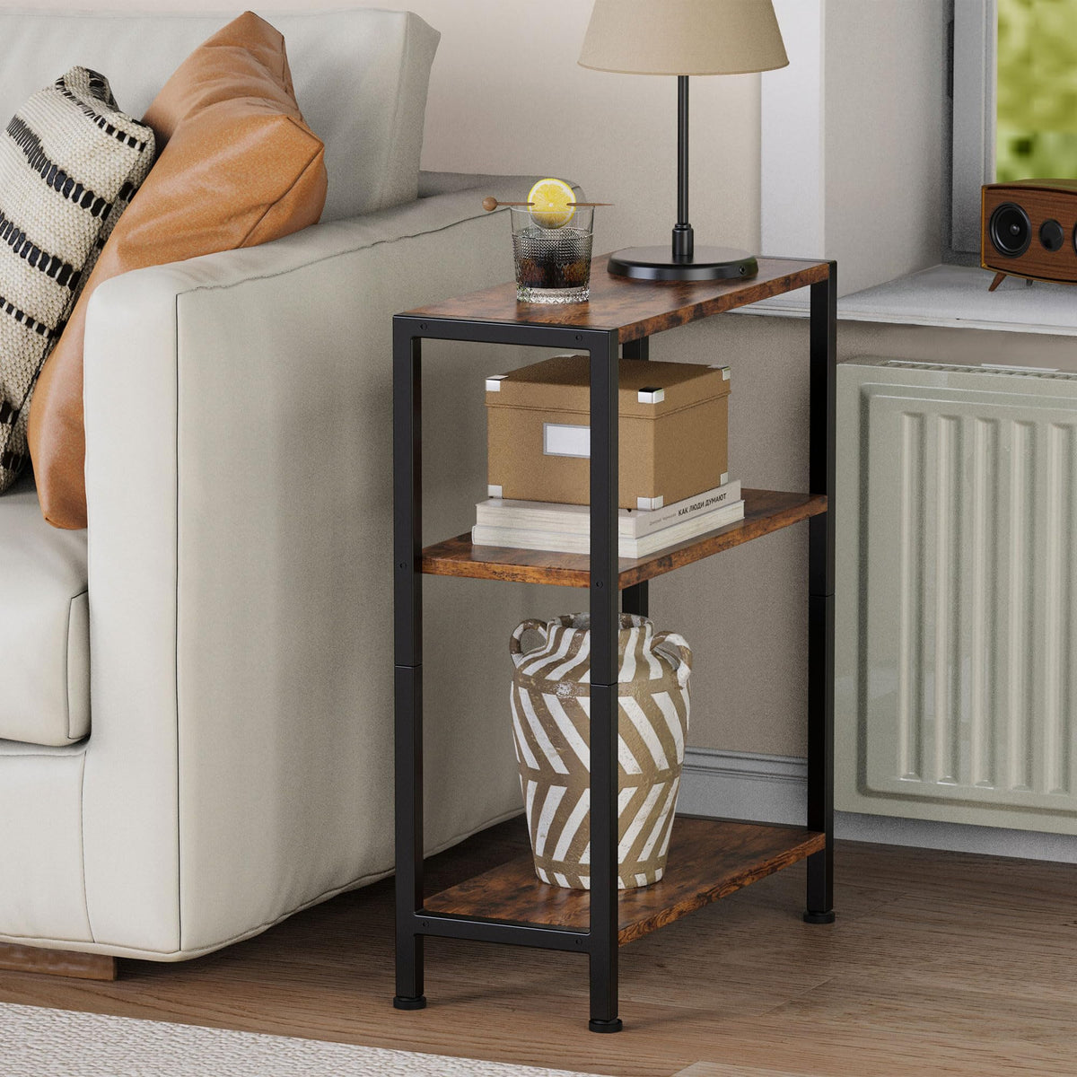 Vantimo slim end table with narrow design fits tight corners beside seating.